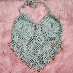 Island Planet Womens Small Blue Crochet Shells Halter Swim Top Cover